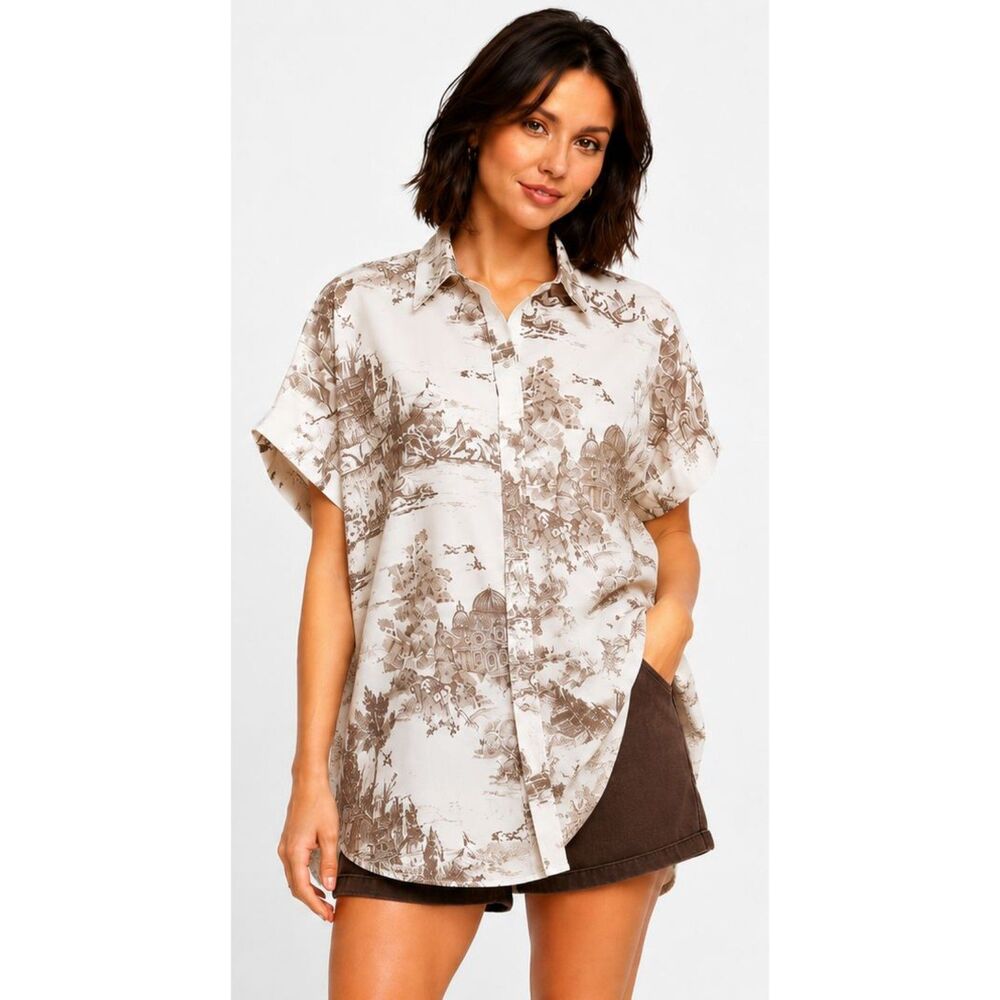New Umgee M 8 10 Latte Cream Victorian Mansion Toile Cotton Button Front Top